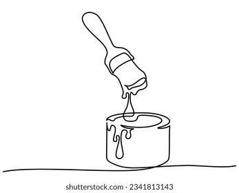 Wide brush and can of paint. Construction and repair concept. Continuous one line drawing on white background. Vector illustration
