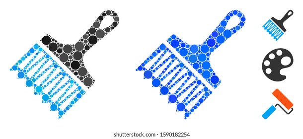 Wide brush mosaic of small circles in variable sizes and shades, based on wide brush icon. Vector small circles are organized into blue composition. Dotted wide brush icon in usual and blue versions.