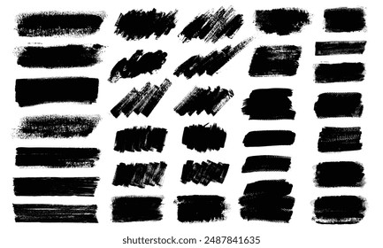 Wide brush strokes vector set.  Collection of painted text boxes and banners, horizontal and diagonal. Grunge design elements. Rich paper grain texture. Bundle of black backgrounds with splatters