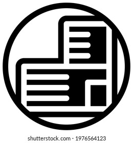 Wide building icon in flat design with black color and outline on a line circle background.