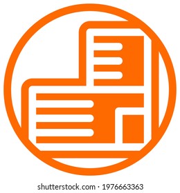 Wide building icon in flat design with orange color and outline on a line circle background.