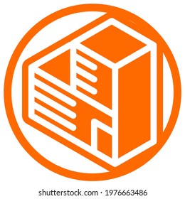 Wide building icon in isometric flat design with orange color and outline on a line circle background.