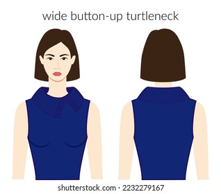 Wide button-up turtleneck neckline clothes knits, sweaters character beautiful lady in blue top, shirt, dress technical fashion illustration. Flat apparel template front, back. Women, men CAD mockup