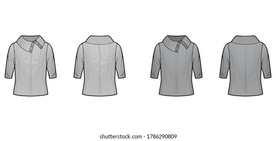 Wide button-up turtleneck ribbed-knit sweater technical fashion illustration with elbow sleeves, oversized body. Flat sweater apparel template front, back white grey color. Women CAD garment mockup for designer