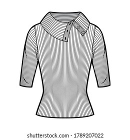 Wide button-up turtleneck ribbed-knit sweater technical fashion illustration with elbow sleeves, close-fitting shape. Flat sweater apparel template front, white color. Women, men unisex shirt top CAD
