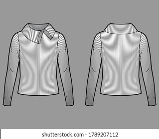 Wide button-up turtleneck ribbed-knit sweater technical fashion illustration with long sleeves, oversized. Flat sweater apparel template front back white color. Women men unisex shirt top CAD mockup