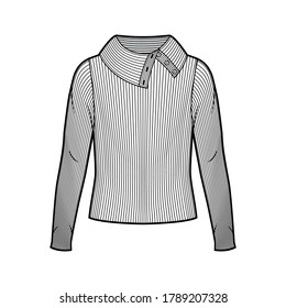 Wide button-up turtleneck ribbed-knit sweater technical fashion illustration with long sleeves, oversized body. Flat sweater apparel template front white color. Women men unisex shirt top CAD mockup