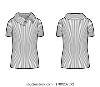 Wide button-up turtleneck ribbed-knit sweater technical fashion illustration with short rib sleeves, oversized, tunic length. Flat sweater apparel template front back white color. Women men unisex top