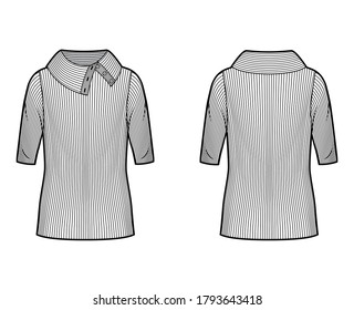 Wide button-up turtleneck ribbed-knit sweater technical fashion illustration with elbow sleeves, close shape, tunic length. Flat sweater apparel template front, back white color. Women men unisex top