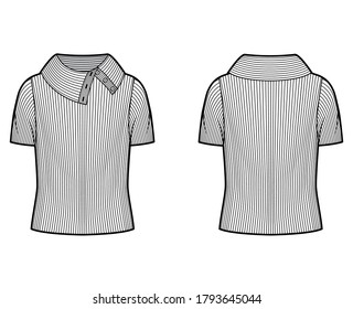 Dibujo técnico de moda con suéter de cuello largo con cuello y mangas cortas, cuerpo sobredimensionado. Plantilla de prendas de suéter planas delantera, de color blanco dorado. Mujeres, hombres, camiseta unisex