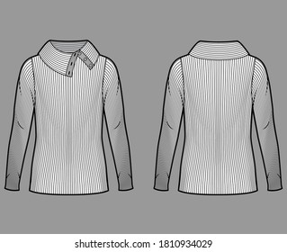 Dibujo de moda técnica de suéter de cuello largo con cuello de cuello de cuello de cuello de cuello de cuello de cuello de cuello largo, longitud túnica sobredimensionada. Plantilla de prendas de suéter planas de color blanco trasero delantero. Mujeres hombres unisex camiseta superior