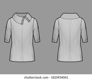Wide button-up turtleneck ribbed-knit sweater technical fashion illustration with elbow sleeves, close shape, tunic length. Flat sweater apparel template front, back white color. Women men unisex top