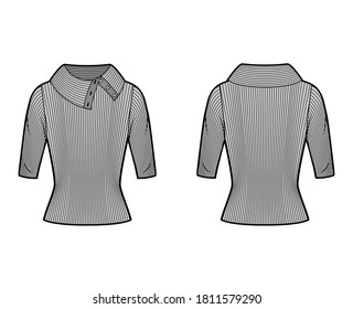 Wide button-up turtleneck ribbed-knit sweater technical fashion illustration with elbow sleeves, close-fitting shape. Flat sweater apparel template front, back grey color. Women, men unisex shirt top