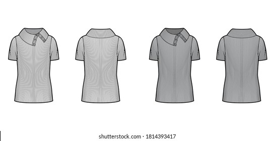 Wide button-up turtleneck ribbed-knit sweater technical fashion illustration with short sleeves, oversized, tunic length. Flat sweater apparel template front back white grey color. Women men unisex 