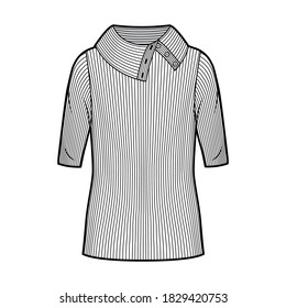 Wide button-up turtleneck ribbed-knit sweater technical fashion illustration with elbow sleeves, close shape, tunic length. Flat sweater apparel template front, white color. Women men unisex top CAD