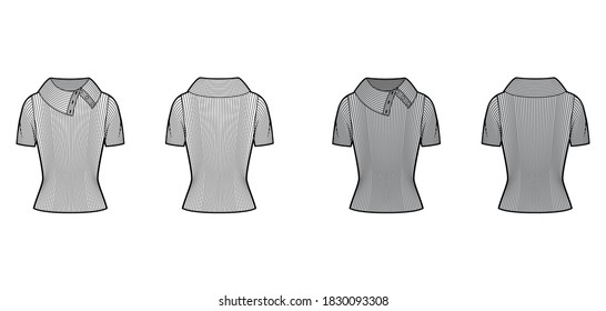Wide button-up turtleneck ribbed-knit sweater technical fashion illustration with short rib sleeves, close shape. Flat sweater apparel template front, back white grey color. Women men unisex shirt top