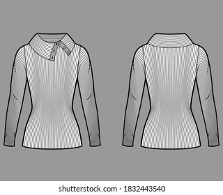 Wide button-up turtleneck ribbed-knit sweater technical fashion illustration with long sleeves, close shape, tunic length. Flat sweater apparel template front back white color. Women men unisex shirt