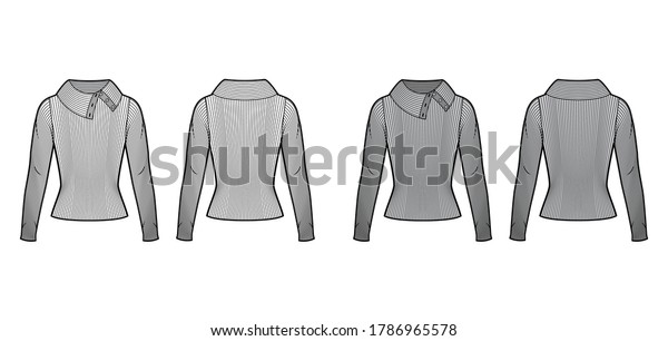 ボタンアップタートルネックのリブド編みのセーターの技術的なファッションイラストで 袖が長く 形がぴったり 背景に白いグレーの色の平らなセーターテンプレート前 女性用シャツの上 のベクター画像素材 ロイヤリティフリー