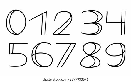 Wide capital black digits numbers font from 0 to 9 font set. Vector illustration in doodle hand drawn style isolated on white background. For logo, business, discount.
