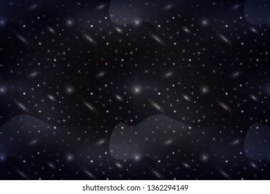 Wide cartoon deep space background with lots of white stars and galacticas on black