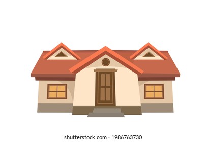 A wide cartoon house. Cozy simple rural dwelling in a traditional European style. Sweet home. Isolated on white background. Vector