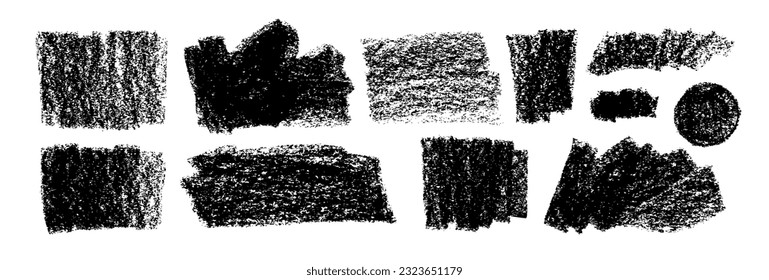 Wide charcoal or chalk drawn abstract shapes. Hand drawn grunge vector rough shapes with pencil texture. Charcoal pencil scribble set. Grungy smears and rough stains, bold thick chalk smears.