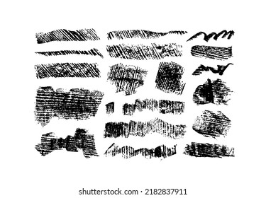 Wide charcoal strokes with imprint texture. Dry black straight lines isolated on white background. Set of vector grunge graphite pencil strokes. Black charcoal thick smears with grunge texture.
