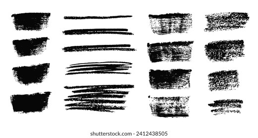 Wide charcoal strokes and lines.Set of vector black grunge brushes. Vector horizontal ink strokes paint drawn by hand.Brush black strokes set isolated on white background. Vector ink stains and strips
