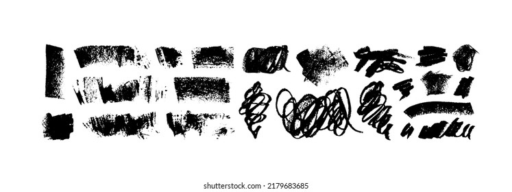 Wide charcoal vector strokes collection. Hand drawn scribble sketch banners with pencil texture. Set of abstract simple horizontal shapes and curly lines. Black chalk strokes, banners and separators.