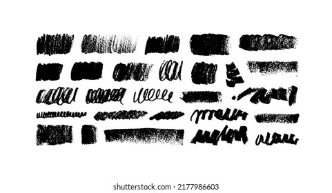 Wide charcoal vector strokes and curly lines collection. Hand drawn scribbled banners with noisy texture. Set of abstract horizontal shapes. Isolated scrawl elements. Black vector grunge texture.