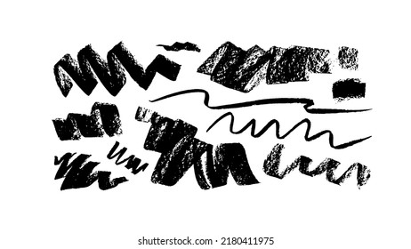Wide charcoal vector strokes and curly lines collection. Hand drawn scribbled banners with noisy texture. Dry black curved smears. Scrawl elements isolated on white background. Black pencil doodles