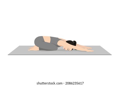 Wide Child's Pose, Prasarita Balasana, Schönes Mädchen üben Prasarita Balasana. Junge attraktive Frau, die Yoga trainiert. Trainieren, schwarz tragen Sportbekleidung, graue Hose und Top.