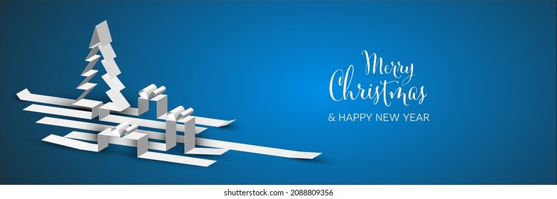 Wide Christmas banner social media header template or Christmas product presentation background template. Blue banner with christmas elements made from white paper stripe