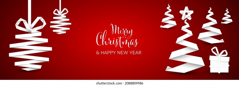 Wide Christmas banner social media header template or Christmas product presentation background template. Red banner with christmas elements made from white paper stripe