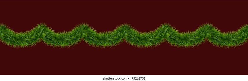 Wide christmas garland. Seamless vintage xmas border with fir branches. Vector decoration for holiday designs.