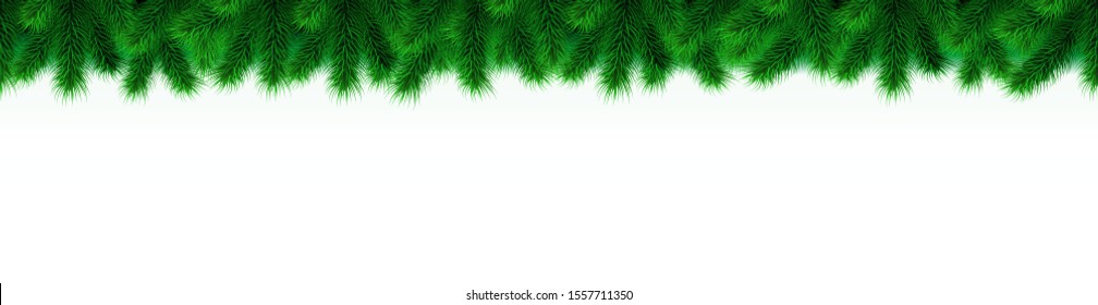 Wide christmas tree border isolated on white background. Seamless christmas tree branch garland, holiday decoration, winter frame. Pine, fir or spruce. Vector xmas or new year illustration.