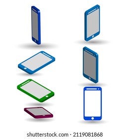 Wide collection of mobile phones of various sides icon set vector graphic illustration. Front, back, right, left and top isometric views. with modern concept