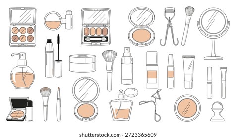 Ampla coleção de itens de maquiagem esboçados, incluindo paletas, escovas, batom, perfume e espelhos para rotinas de beleza diárias.