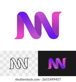 Logotipo criativo abstrato de faixa 3D colorido largo. Símbolo de estilo de origami. Sinal de faixa de cores roxo e violeta. Letras NN monograma