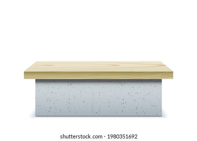 Wide concrete bench with wooden cover, isolated on a white background.