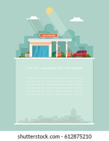 Wide copy space for text. Gas station. Oil, fueling petrol with shop. Red car on a pit stop on the city background. Flat landscape. Vector design