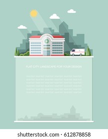 Wide copy space for text. Hospital building with ambulance. Urban background. Modern medical center with first aid. Flat landscape. Vector icon for design