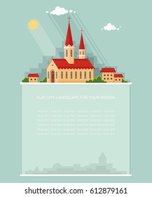 Wide copy space for text. modern church building and private houses. Cute houses with city background. Flat graphic landscape. Vector icon for design