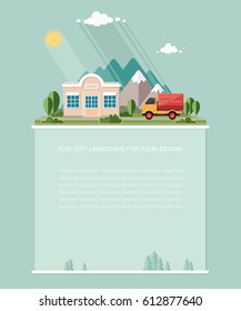 Wide copy space for text. Supermarket building entrance street view car in the background of the Mountains. Flat graphic landscape. Vector icon for design