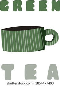Wide cup with linear print for coffee or tea. Green tea