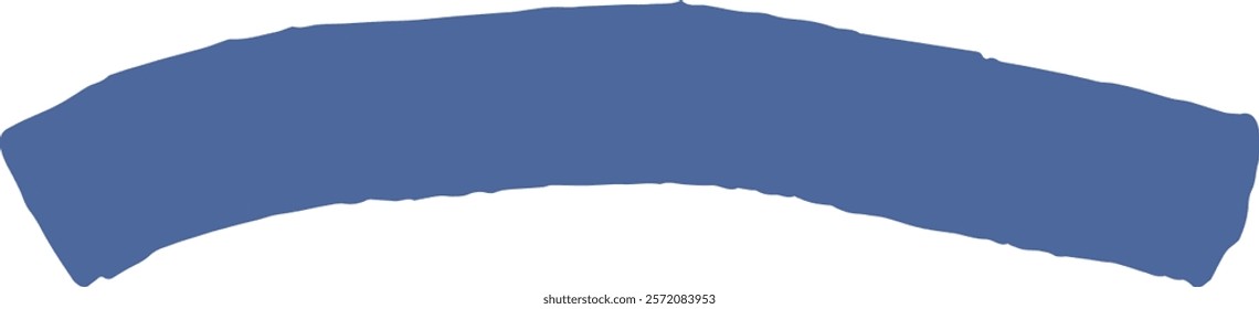 Wide curved blue brush stroke creating a textured banner shape with rough edges, isolated on a white background, suitable for creative designs and artistic projects