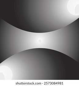 Wide curved screen on gradient black with grey and white background, Parallel universe or earth or planet close together in space with a sun shining, Two shiny metal sphere on empty space