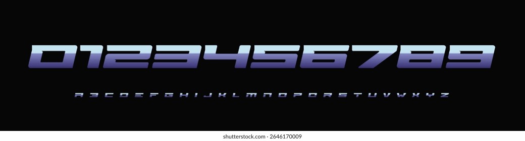 Números cibernéticos amplos, fonte de gradiente futurista com estilo techno nítido, tipografia digital sci-fi. Cyberpunk typeface para design tecnológico, jogos de UI, marca digital, marca de e-sport. Tipo de vetor