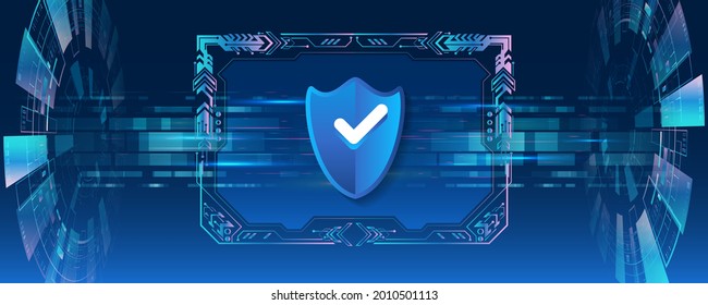 Wide Cyber security internet and networking concept. Abstract global sci fi concept. Digital internet communication on blue background. Hi-tech vector illustration with various technology elements.
