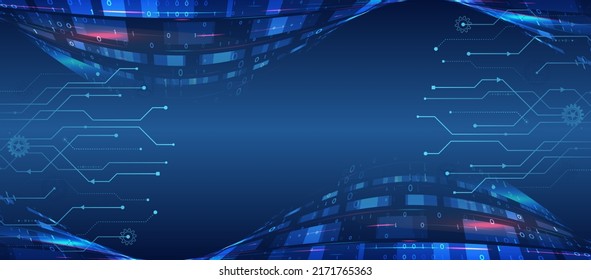 El concepto de Internet y de redes de ciberseguridad. Ilustración vectorial de alta tecnología con varios elementos tecnológicos. Resumen del concepto global de ciencia ficción. Comunicación digital en Internet sobre fondo azul.